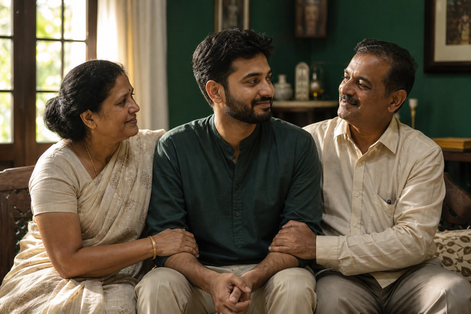 A family seated together - a mother, father and their adult son sharing a quiet moment