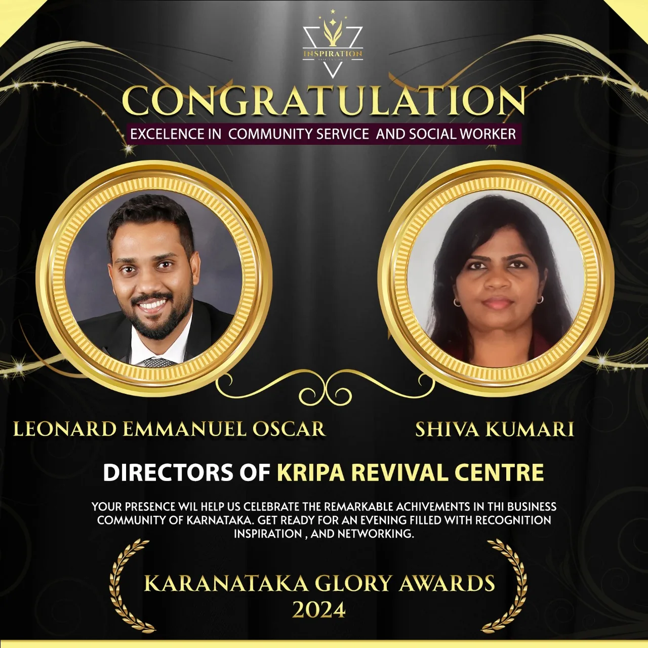 Karnataka Glory Awards 2024 - Directors Leonard Emmanuel Oscar and Shiva Kumari, Kripa Revival Centre