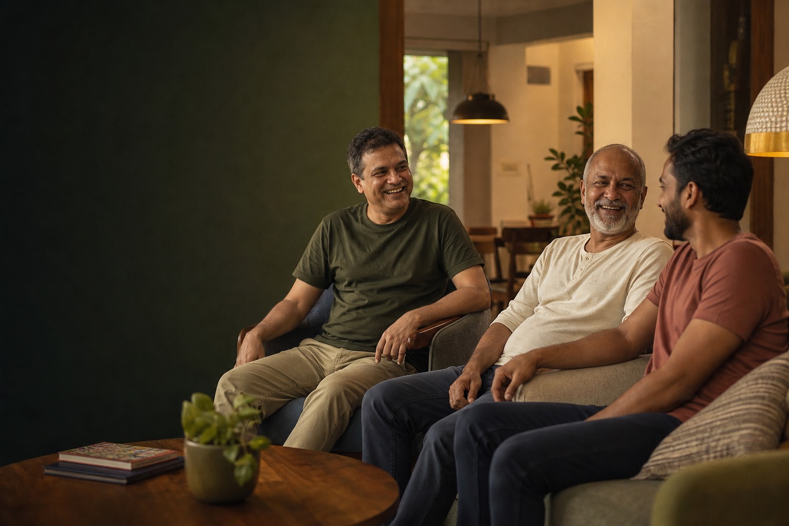 Residents sharing a light moment in the community hall