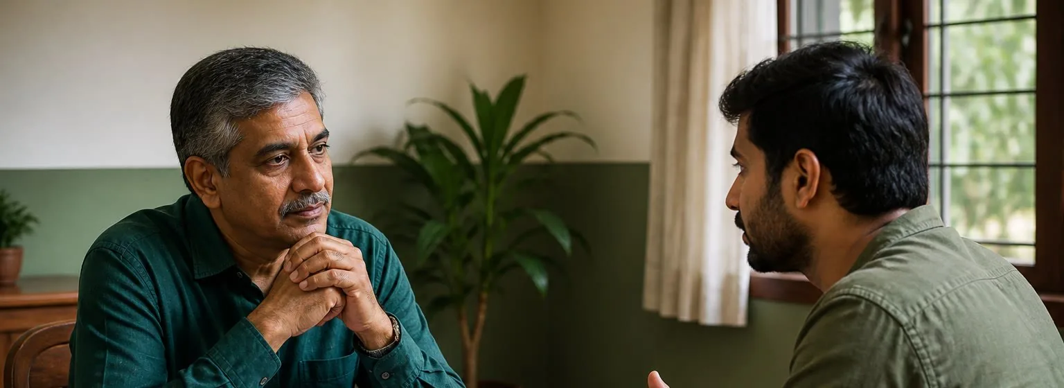 A male counsellor listening to a resident in a one-to-one session