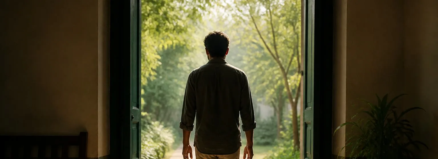 A man stepping from a dim room toward a sunlit garden path